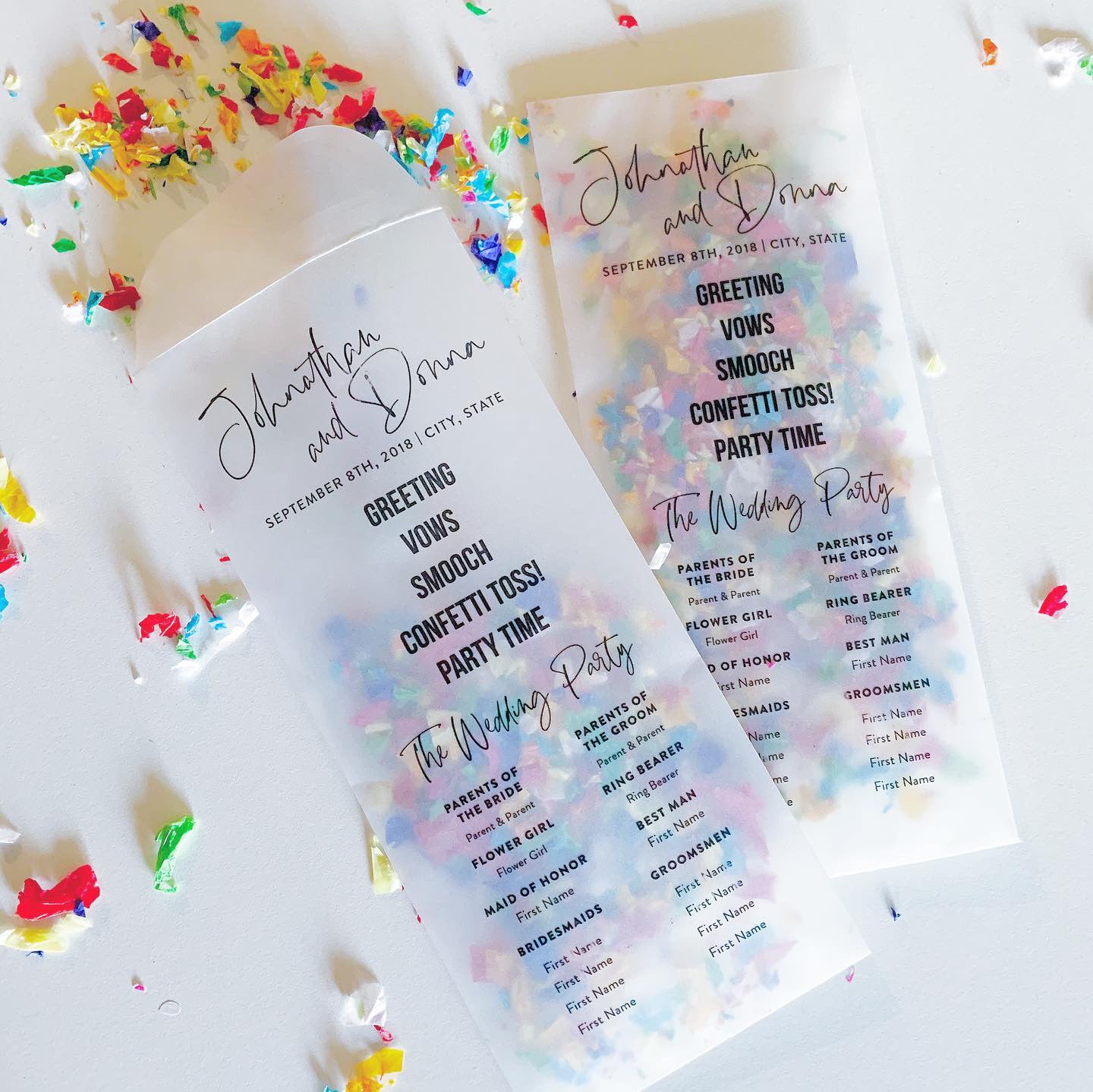 A vellum paper bag with dried flowers for confetti