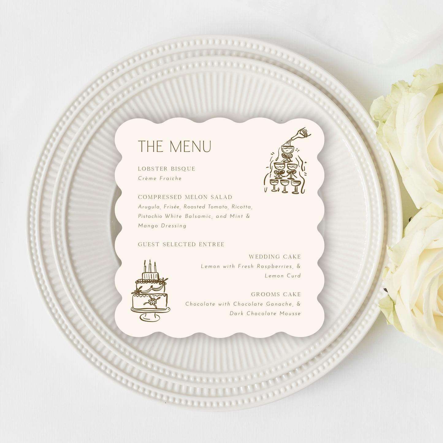 Scalloped Square Wedding or Shower Menu Card